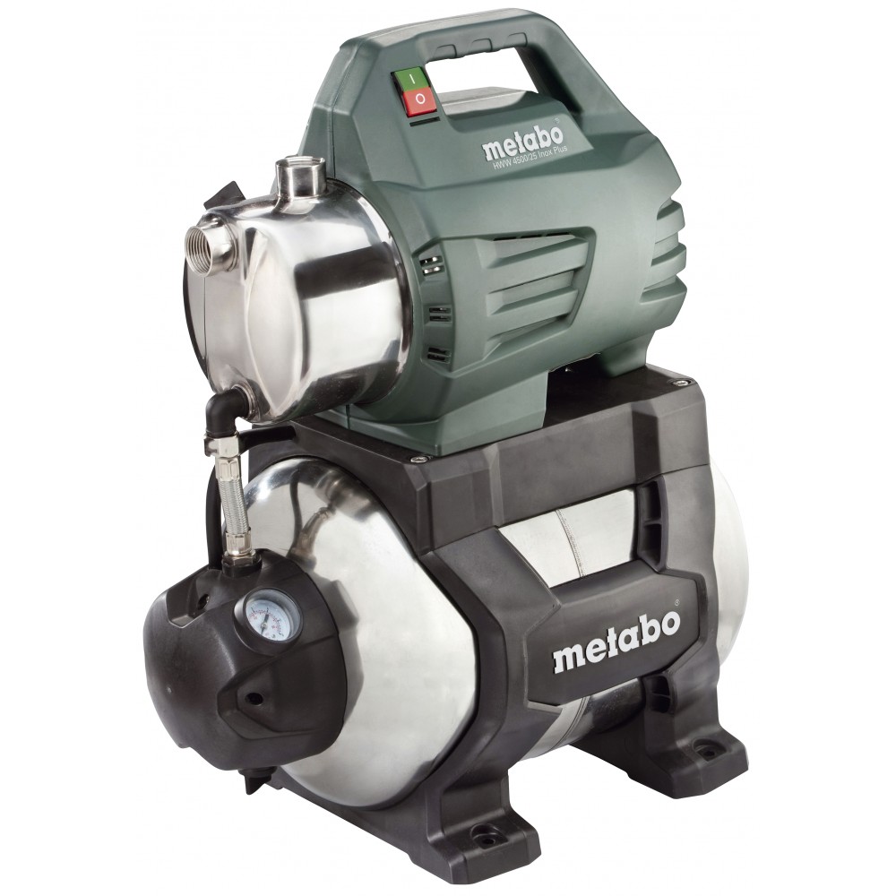 Egyfázisú hidrofor vízszivattyú METABO HWW 4500/25 INOX PLUS, teljesítmény 1300 W, áramlás 4500 l/h, 48 m emelőmagasság, 24 L tartálytérfogat