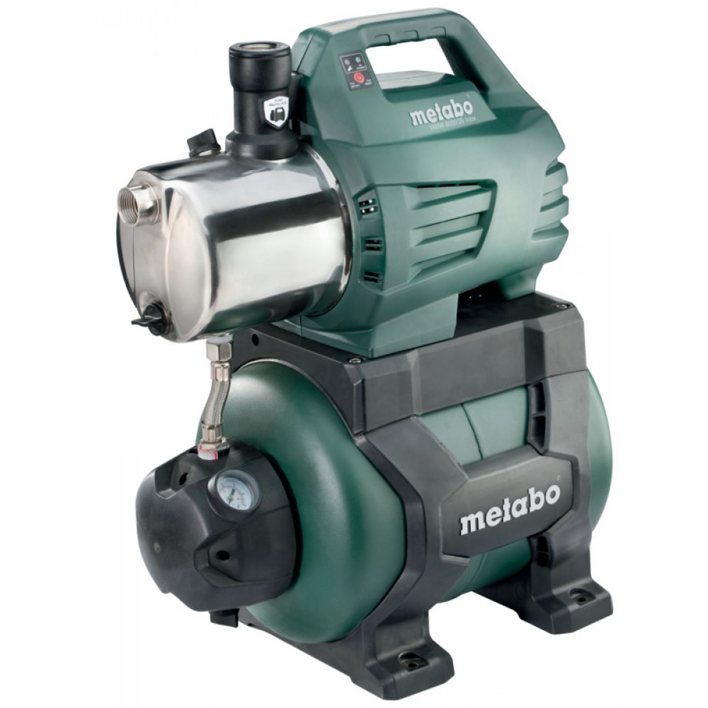 Egyfázisú hidrofor vízszivattyú METABO HWW 6000/25 INOX, teljesítmény 1300 W, áramlási sebesség 6000 l/h, 55 m emelőmagasság, 24 L tartálytérfogat