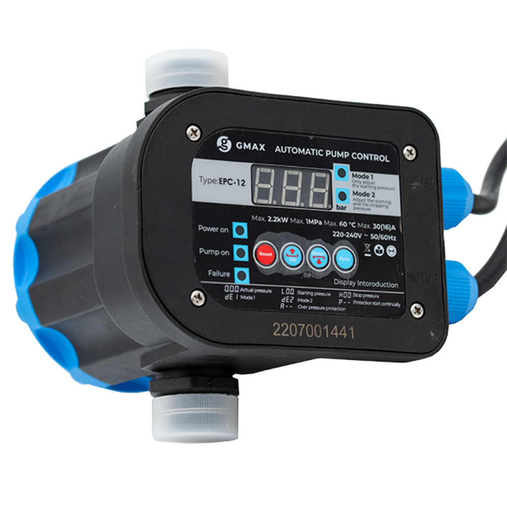 EPC-12 nyomásszabályozó digitális kijelzővel és állítható Gmax küszöbértékekkel – 1"-es méret, teljesítmény 2,2 kW, frekvencia 50–60 Hz, feszültség 220–240 V | Vízszivattyú / Vízpumpa | Központi fűtés |