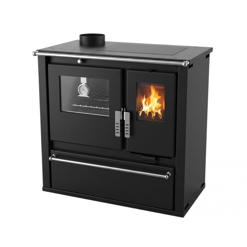 Fatüzelésű tűzhely Verso CS Plus rozsdamentes acél sütővel és acél főzőlappal, Fekete, Bal, 7.7kW