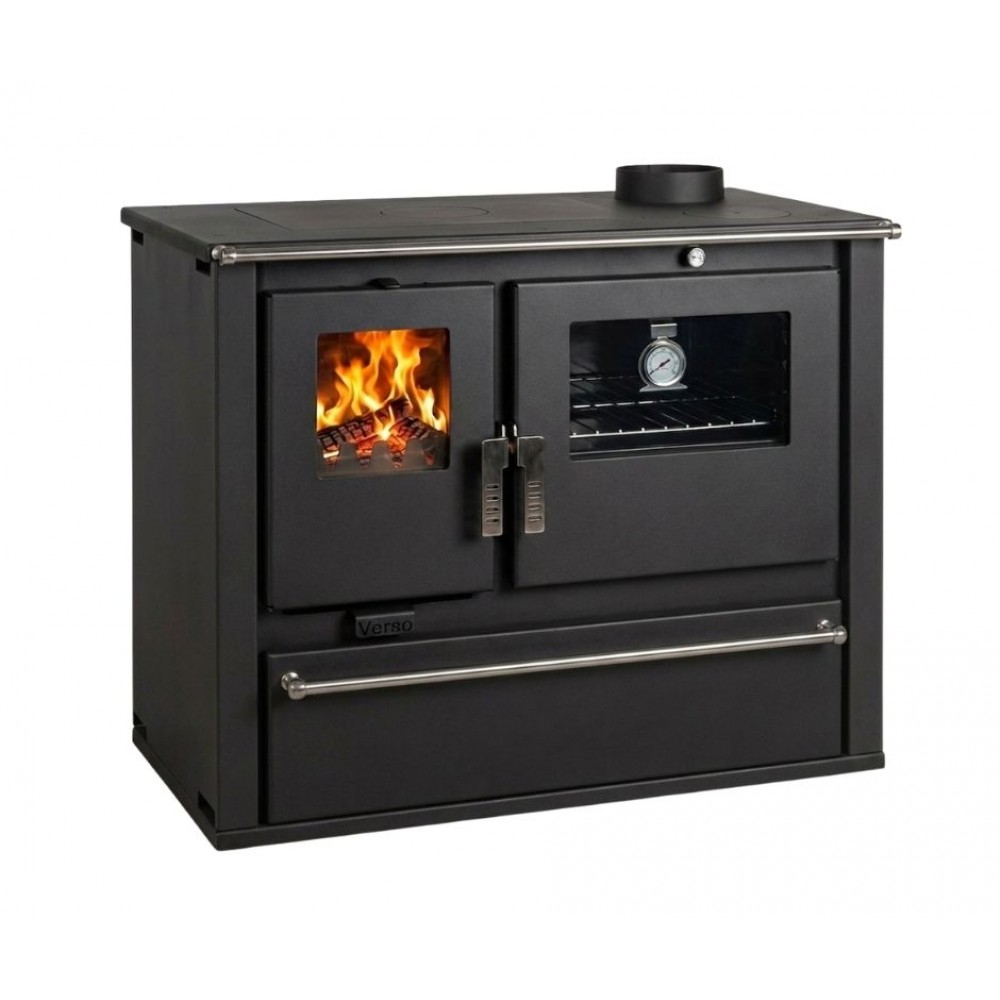 Fatüzelésű tűzhely Verso CS Plus acél sütővel és acél főzőlappal, Fekete, Jobb, 7.7kW | Sütős kandalló | Kályha |