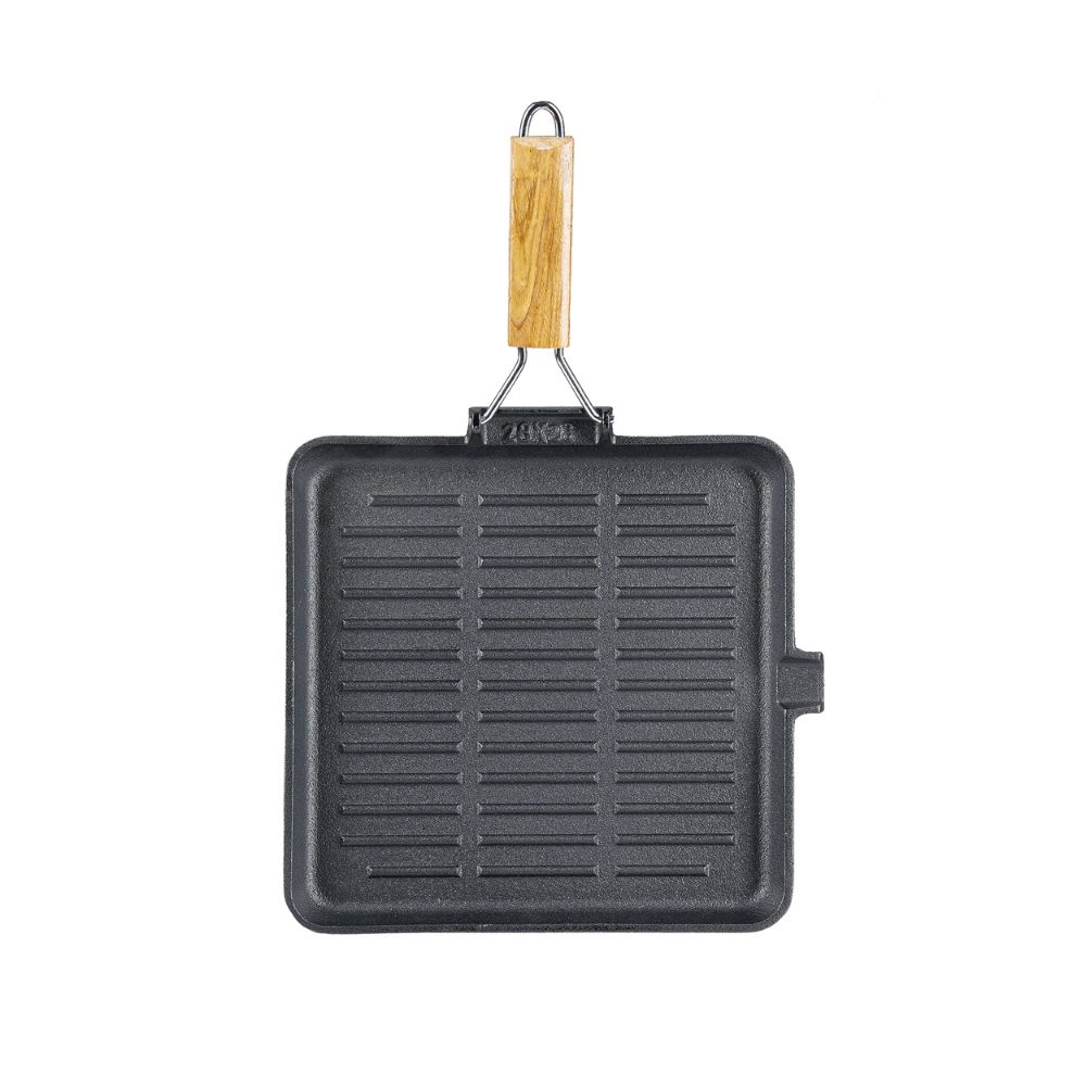 Öntöttvas grill serpenyő lehajtható fa nyéllel, 24x24 cm |  |  |