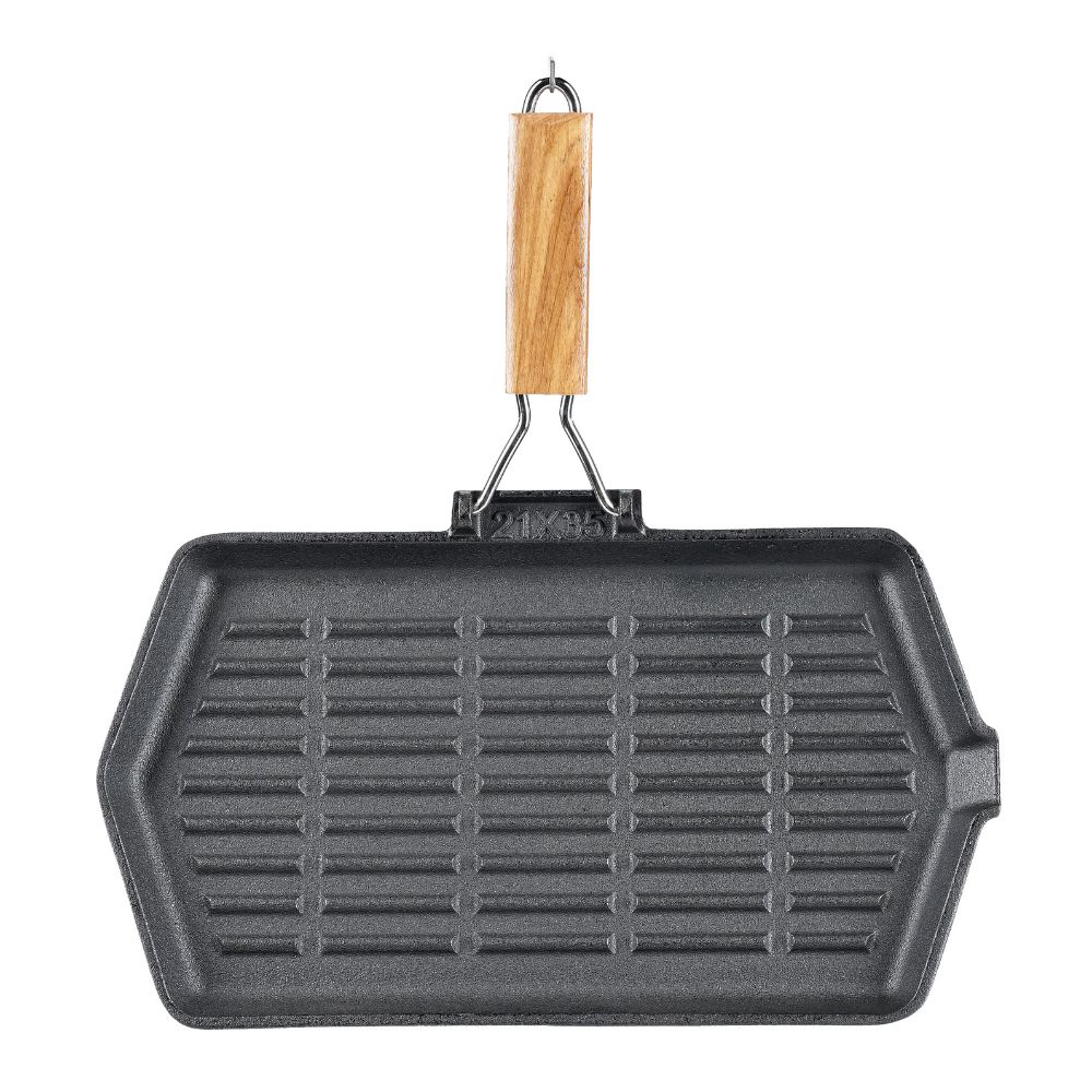 Öntöttvas grill serpenyő lehajtható fa nyéllel, 35x21 cm | Öntöttvas grill serpenyő | Öntöttvas serpenyő |