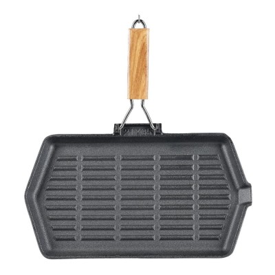 Öntöttvas grill serpenyő lehajtható fa nyéllel, 35x21 cm - Öntöttvas serpenyő
