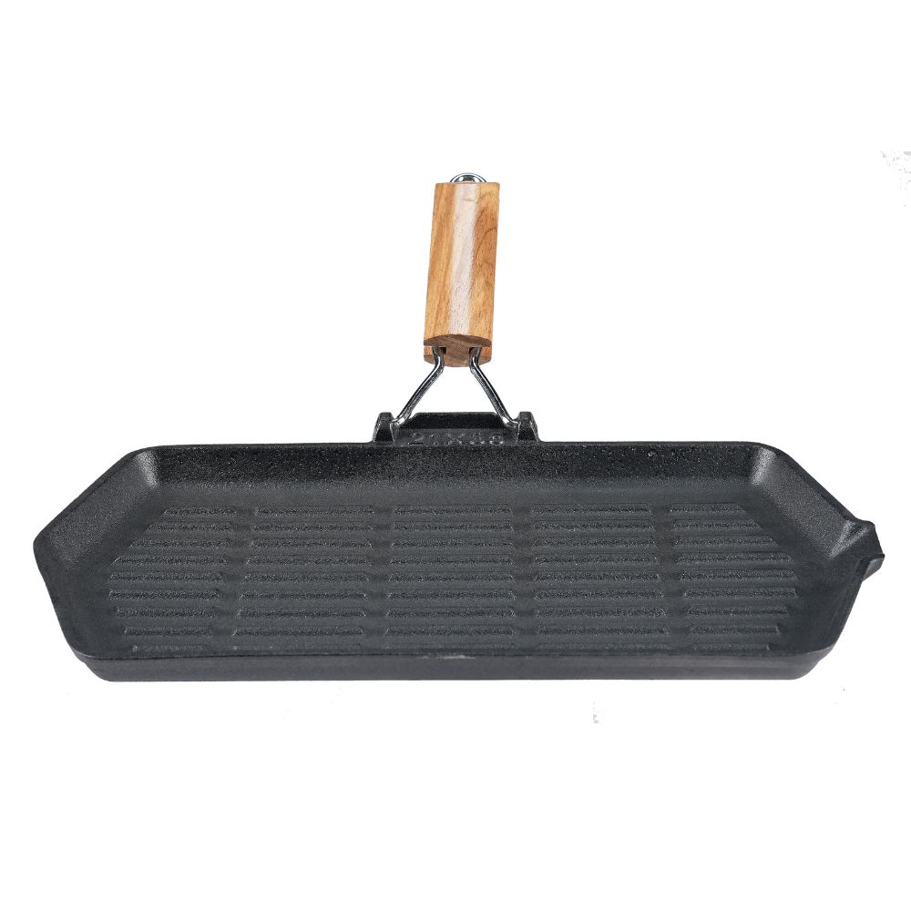 Öntöttvas grill serpenyő lehajtható fa nyéllel, 35x21 cm | Öntöttvas grill serpenyő | Öntöttvas serpenyő |