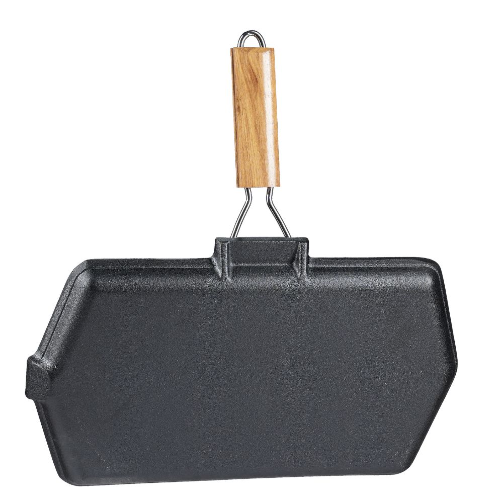 Öntöttvas grill serpenyő lehajtható fa nyéllel, 35x21 cm | Öntöttvas grill serpenyő | Öntöttvas serpenyő |