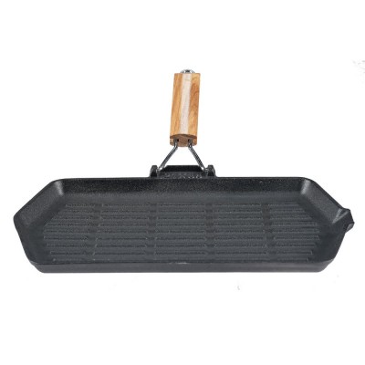 Öntöttvas grill serpenyő lehajtható fa nyéllel, 35x21 cm - Öntöttvas serpenyő