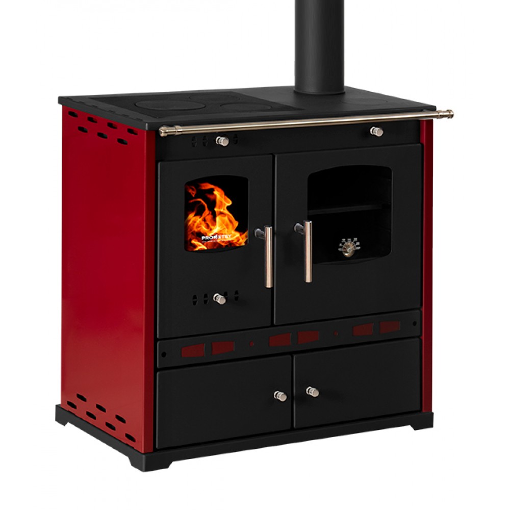 Fatüzelésű tűzhely Prometey Perfect Eco Lux jobb égéstermékkel, bordó, 7.5kW |  |  |