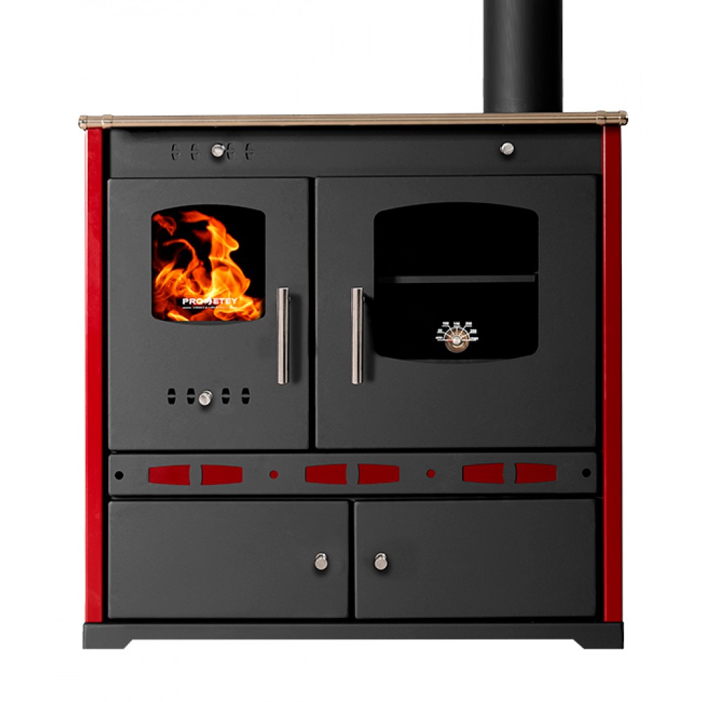 Fatüzelésű tűzhely Prometey Perfect Eco Lux jobb égéstermékkel, bordó, 7.5kW |  |  |